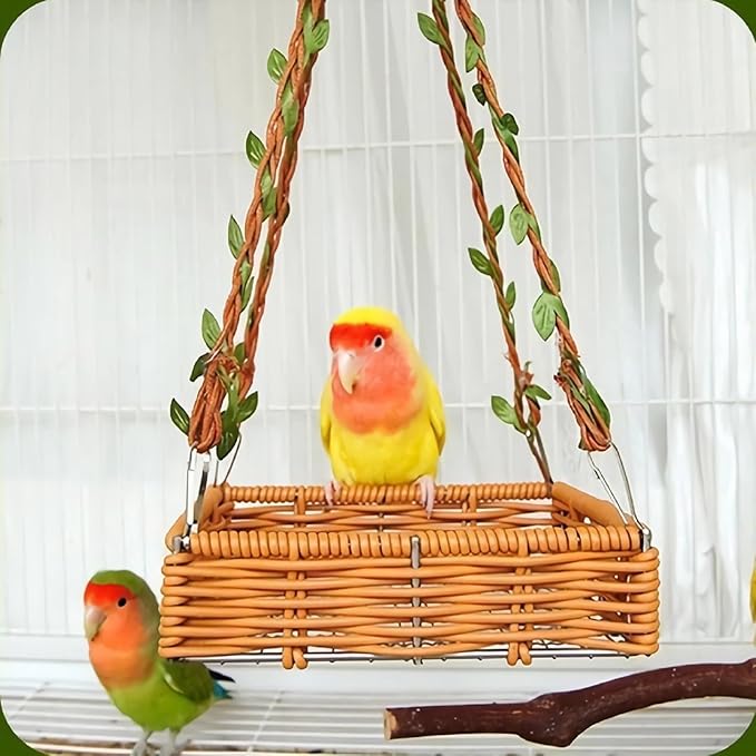 Hanging Rattan Bird Nest for Cage, Bird-Safe Vine Swing Perch with Leaves, Washable Chew-Proof Hammock Nest for Lovebird Cockatiel Budgie Conure, Cage Decoration & Rest Toy for Small Birds (Square)