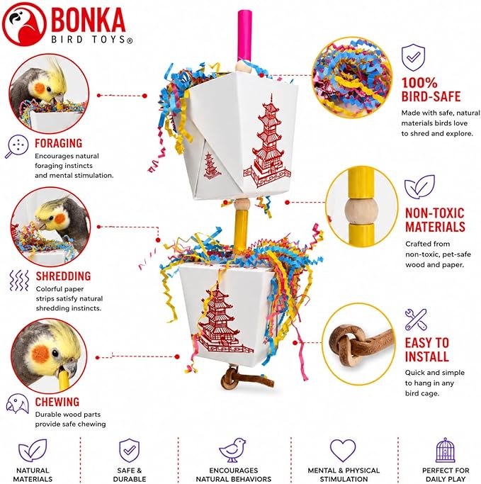 Bonka Bird Toys 3874 Duo Take Out Small Medium Bird Toy Oyster Pail Treat Box Foraging Paper Chew Shred Cockatiel Parakeet Conures and Other Similar Birds