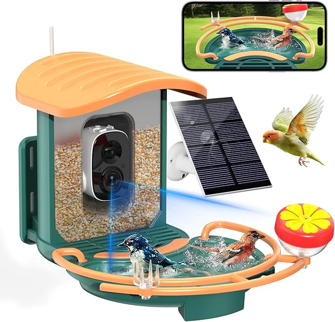 Bird Feeder with Camera, 2K HD Camera Birds Feeder with AI Bird Recognition, Solar Powered Smart Birdfeeder with Bath, App Control, Color Night Vision, Gift Box Package, Easy Install