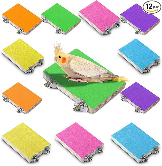 Reginary 12 Pcs Bird Perch Stand Toy Wood Parrot Stand Platform Colorful Paw Grinding Playground Rat Bird Cage Accessories for Pet Parrot Cockatiels Lovebirds, 6 Colors
