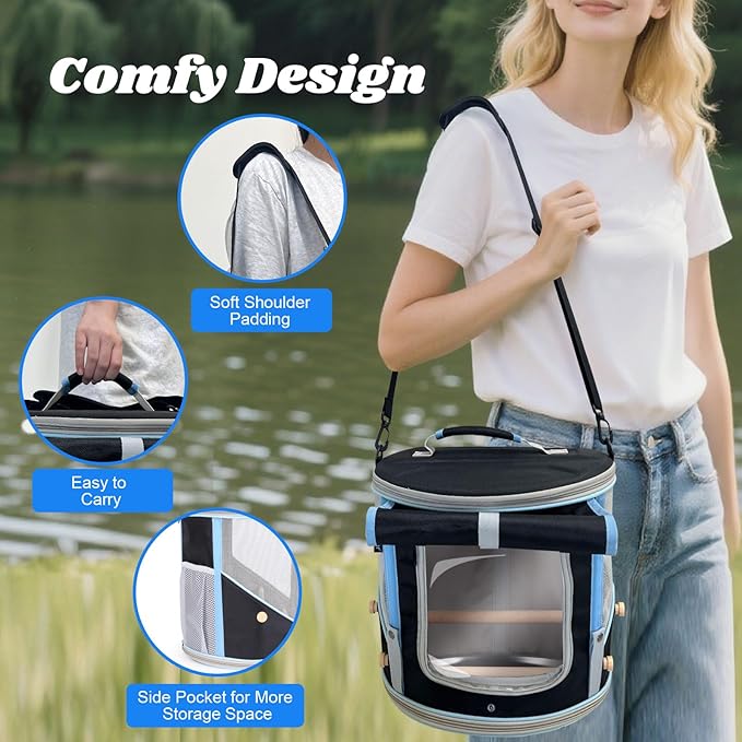 Small to Medium Bird Travel Carrier Cage, Portable Parrot Parakeet Cockatile Conure Transport Cage with Clear Window and Fabric Shade, Round Carry Bird Bag