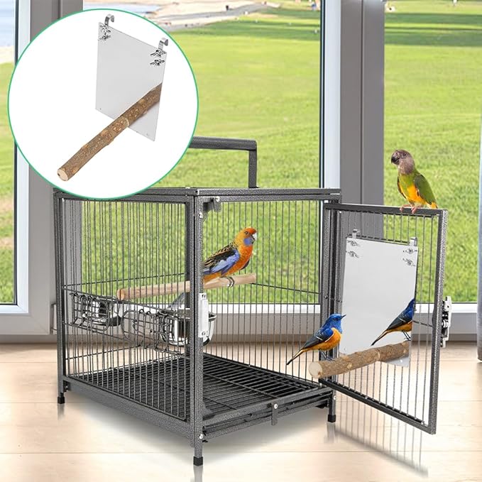 Bird Mirror, Large Stainless Steel Bird Mirror Perch Cockatiel Swing Toys Parrot Cage Accessories Decoration Standing Bar Claw for Small Medium All Types of Parakeet Cockatoo Cockatiel Finch Canaries