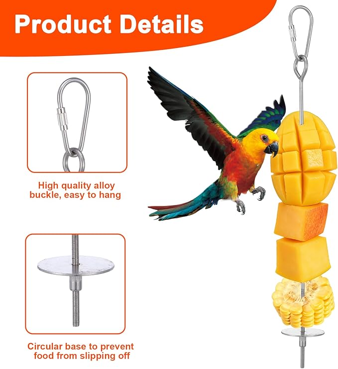 3Pcs Bird Cage Food Holder, 3 Sizes Stainless Steel Parrot Fruit Stick Feeder Fruit Vegetable Treats Skewer Bird Cage Feeder Foraging Toy for Parakeet Budgie Macaw