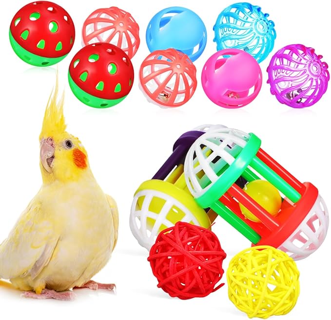 POPETPOP Bird Ball Toy - 12Pcs Plastic Pet Toy for Parakeet, Parrot, Finch Foraging & Preening - Colorful Training Bell Balls