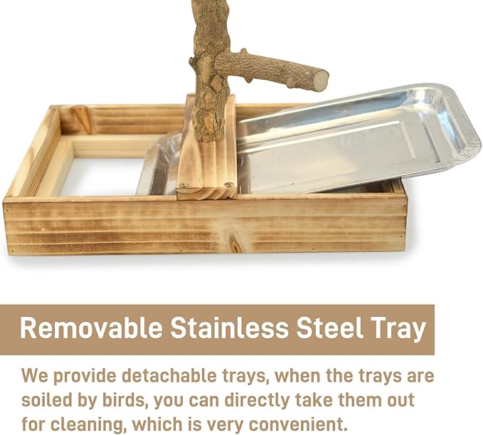 LIMIO Natural Wood Bird Toys Playground, Bird Cage Accessories, Bird Perches, with Removable Tray and 2 Stainless Steel Cups