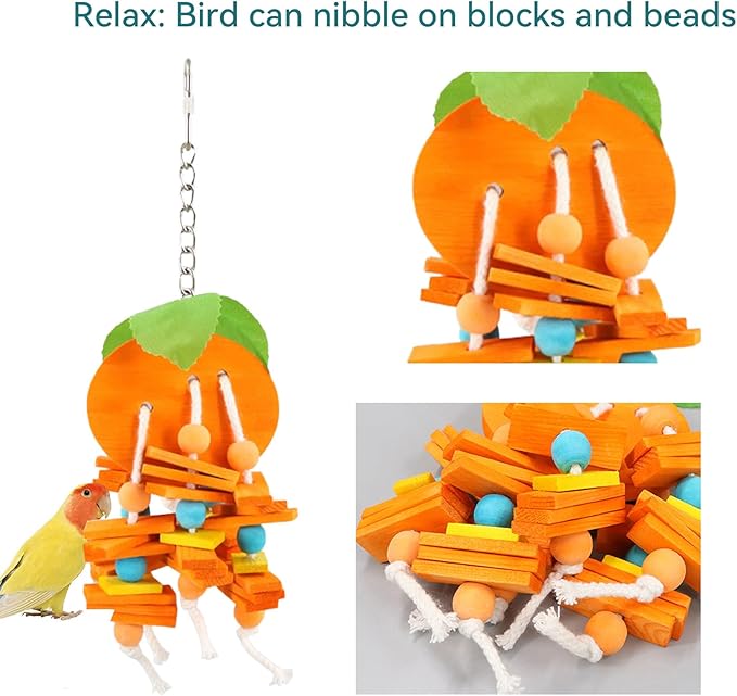 JSLZF Bird Chewing Toy for Parrot Cockatiel Conure Wood Block Cage Hanging Foraging Budgie Bite Toy for Parakeet Small (4PCS Fruit Shape)