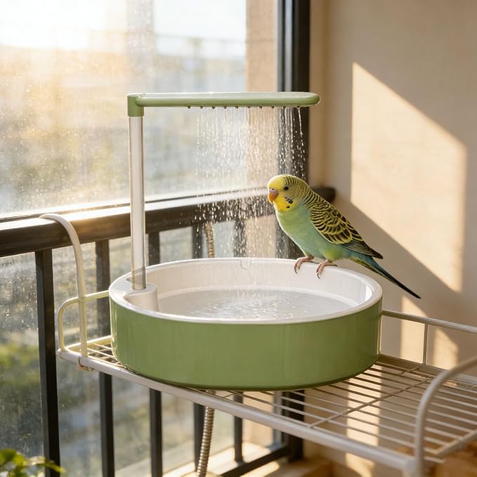 Parrot Shower, Automatic Parakeet Bird Bath for Cage Indoor,Parrot Bird Shower Budgie Bath Guard, Pet Accessory, Automatic Circulating Water Bathtub for Pet, Lovebird, Finches, Conure (Green)