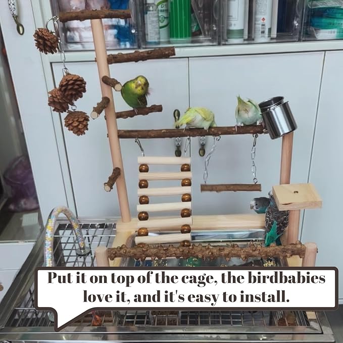 Bird Playground with Feeder Cups, Wooden Parrot Play Stand for Cockatiel, Parakeet