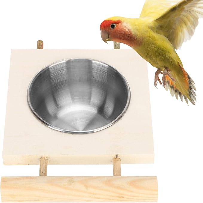 Pet Feeder, Parrots Feeding Dish Cups Stainless Steel Food Water Feeder Cage Accessory with Stand
