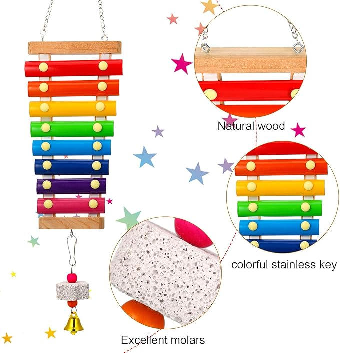 Sumind 6 Pieces Chicken Mirror Chicken Toys for Coop with Bells, Hen Xylophone Toy with 8 Metal Keys, Parrot Grinding Stone, Sepak Takraw Toy, Dangling Bird Toy