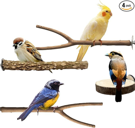 Bird Cage Stand Perches - 4pcs Natural Birds Hanging Wood Platform Multi-Branch Perches for Macaws Conures Budgies Parakeets Parrot Cage Accessories