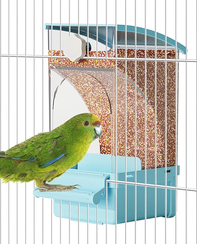 BNOSDM No Mess Bird Feeder Transparent Automatic Bird Cage Feeder with Perch Acrylic Parrot Food Container Parakeet Cage Accessories for Parakeets, Budgies, Cockatiel, Finch, Canary, Lovebird (Blue)