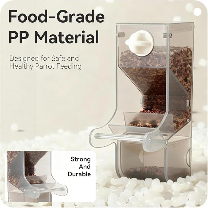 AOTU Automatic No Mess Bird Feeder for Cage - Crack-Resistant Plastic Bird Cage Seed Catcher Clear Bird Cage Feeder for Small Medium Birds Parrots Cockatiels Parakeets Conures Canaries (Light Gray)