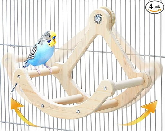 Bird Perch Toy, Interactive Rocking Parakeet Toys and Perches, Wooden Exercise Wheel Cockatiel Toys, Intelligence Puzzle Birds Enrichment Toy for Parrot, Bird Cage Accessories Perch for Budgies Conure