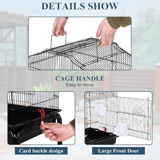 Dkeli Bird Cage, 64 in Open Top Parakeet Cage with Rolling Stand for Medium Small Cockatiel Macaw Conure Lovebird Canary Bird Wrought Iron Flight Pet House with Storage Shelf, Black