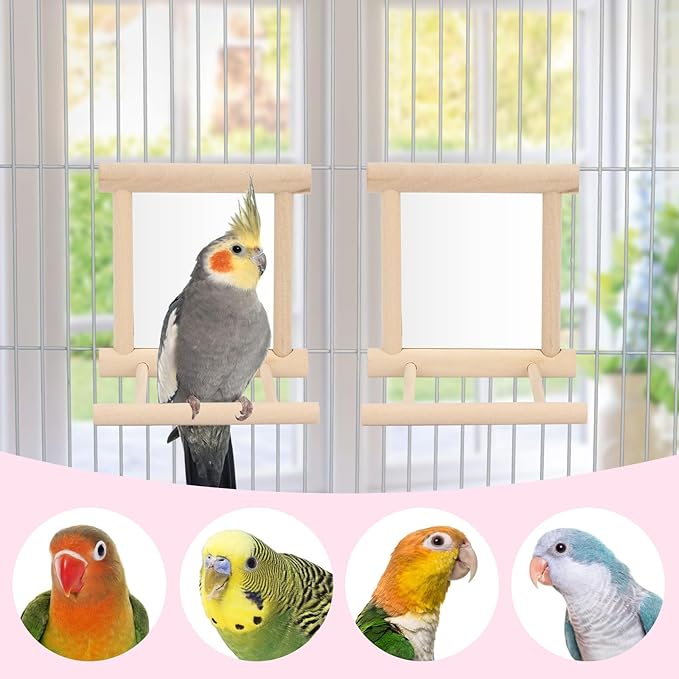 Wontee Bird Mirror Bird Toys for Budgies Parakeets Cockatiels Lovebirds Conures (2pcs-Wood Color)
