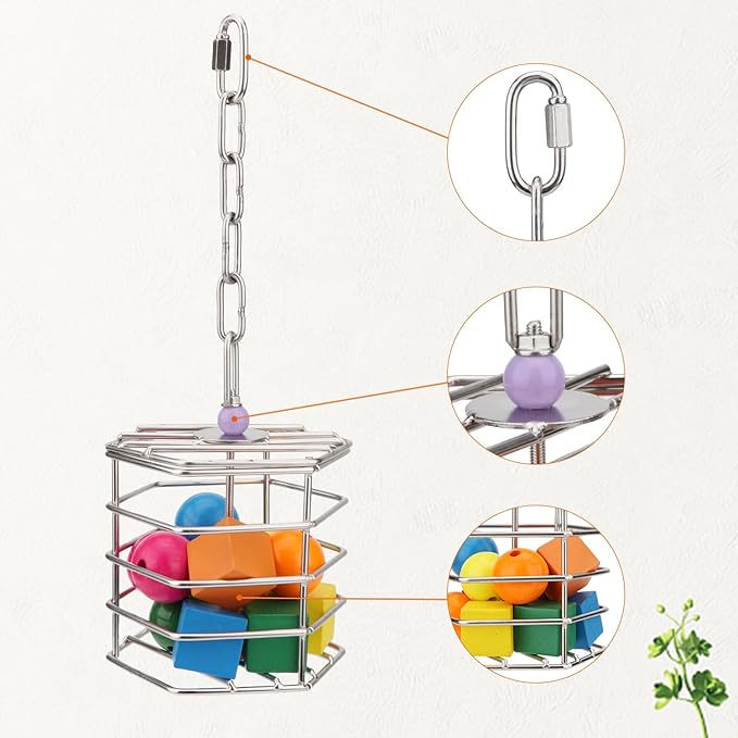 Hypeety Bird Foraging Toys Stainless Steel Foraging Basket Millet Holder for Bird Cage Unique Hanging Feeder for Macaws Cockatoos African Grey Cockatiel Conures Amazon Parrot(Feeder+Blocks)