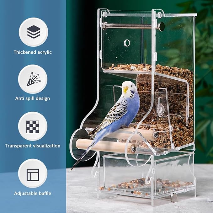 La La Pet®No Mess Automatic Bird Feeder for Cage Acrylic Bird Food Container Adjustable Bird Cage Feeder with Perch Parrot Feeding Station for Small Birds, Transparent