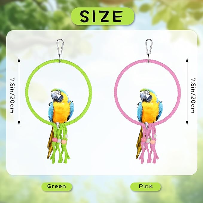 Bird Swing, 20 CM Diameter Hanging Parrot Swing with Colourful Beads, Swing Parrot Toys Cotton Rope Ring Bird Cage Toys for Budgie, Cockatiel, Canary, Parakeet, Finch (Green)