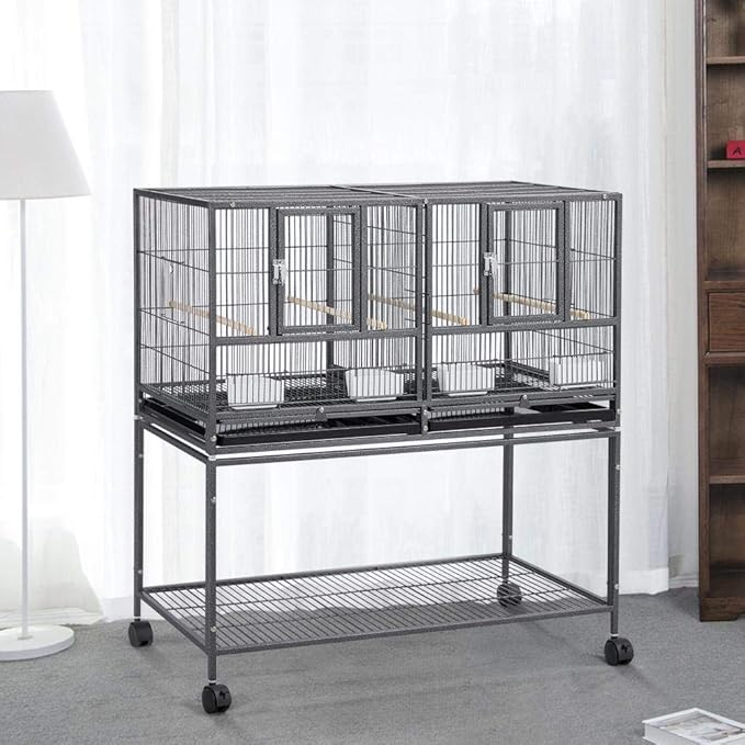 Topeakmart 2 Pack Divided Breeder Parakeet Canary Lovebird Finch Budgie Bird Cages W/Rolling Stand