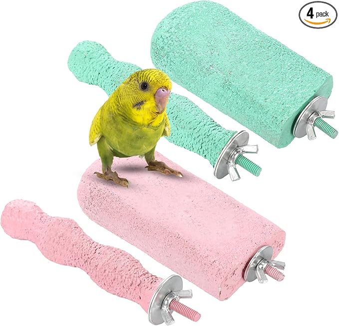 Soulchen 4 Pcs Bird Beak Grinding Calcium Stone Perches Large 4.8 Inch Parrot Teeth Mouth Molar Cage Platform Paw Grinding Sticks Jumping Stand for Macaws Parakeets Finches Cockatiel(Green,Pink)