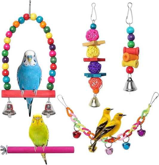 Bird Toys for Conures with Colorful Hammock Bird Cage Accessories Wooden Perch Stand Hanging Bell Birds Chewing Toys for Parrot Parakeet Budgerigar Cockatiel Lovebirds