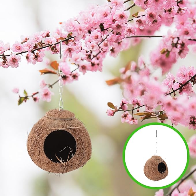 Natural Coconut Shell Bird Nest,Hanging House,Parrots Hide Hut Habitats Decor,Parrot Cage Accessories for Lovebirds Cockatiel Canary Budgies