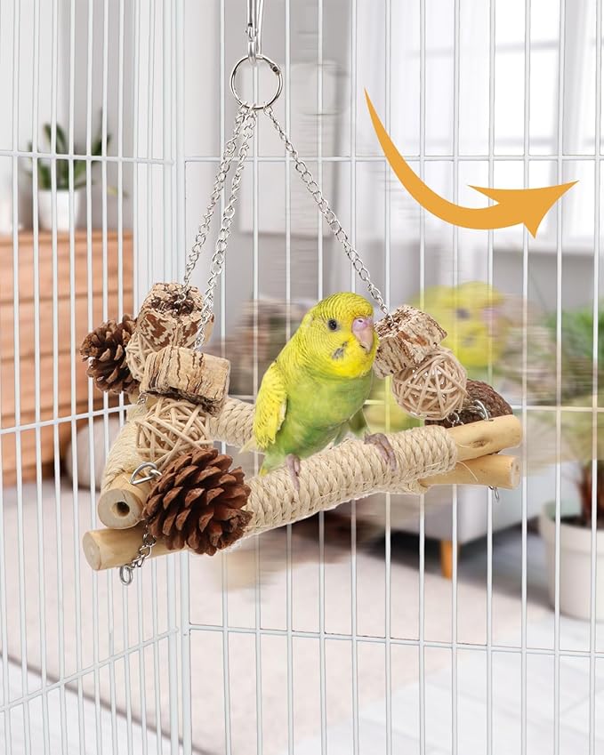 Hypeety Bird Swing for Cage Sisal-Wrapped Natural Wooden Perch Bird Foraging Round Swing Toys Parrot Stable Triangle Hanging Balance Training Toys for Lovebirds Cockatiels Budgies and Small Birds