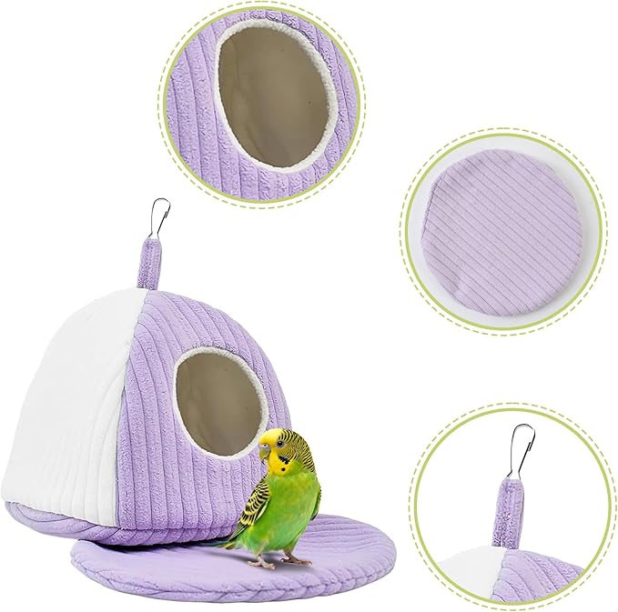 Bird Hanging Hammock Nest Parrot with Soft Plush Hanging Hammock & Hut Tent for Cage Winter Bird Hideaway Hut for Cockatiels Budgies Parakeets Lovebirds Conures Hamsters (Purple White M)