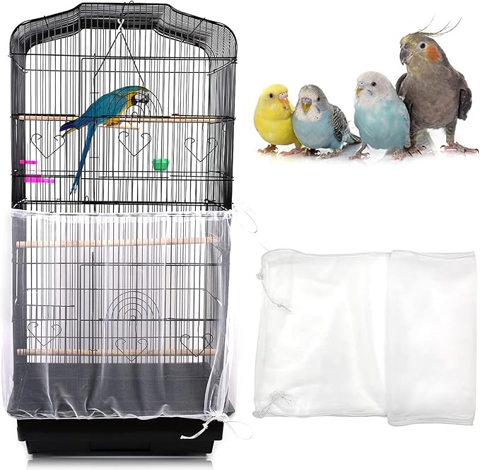 Daoeny Universal Bird Cage Cover, Adjustable Parrot Nylon Airy Soft Mesh Net, Seed Feather Catcher, Birdcage Cover Skirt Sheer Guard for Parakeet Macaw Round Square Cages (White)