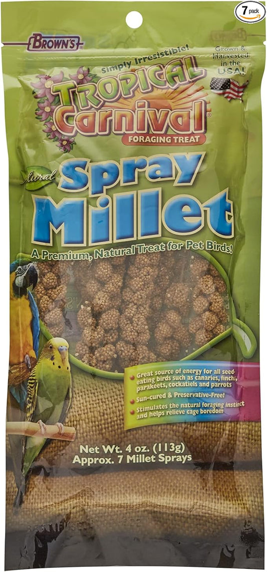 F.M. Brown's Tropical Carnival, Natural Spray Millet, Daily Natural Foraging Treat for Seed-Eating Birds, Sun-Cured and Preservative Free, 4 oz Bag (7 Pack)