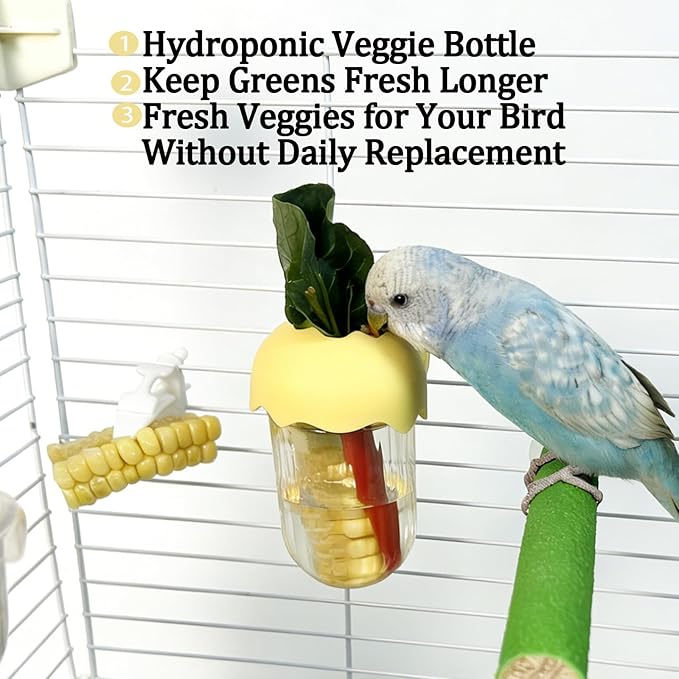 Automatic Bird Cage Feeder No Mess Bird Feeding Station Parrot Vegetable Holder Fruit Clips for Parakeet Cockatoo Canary Lovebirds Budgie (Yellow)