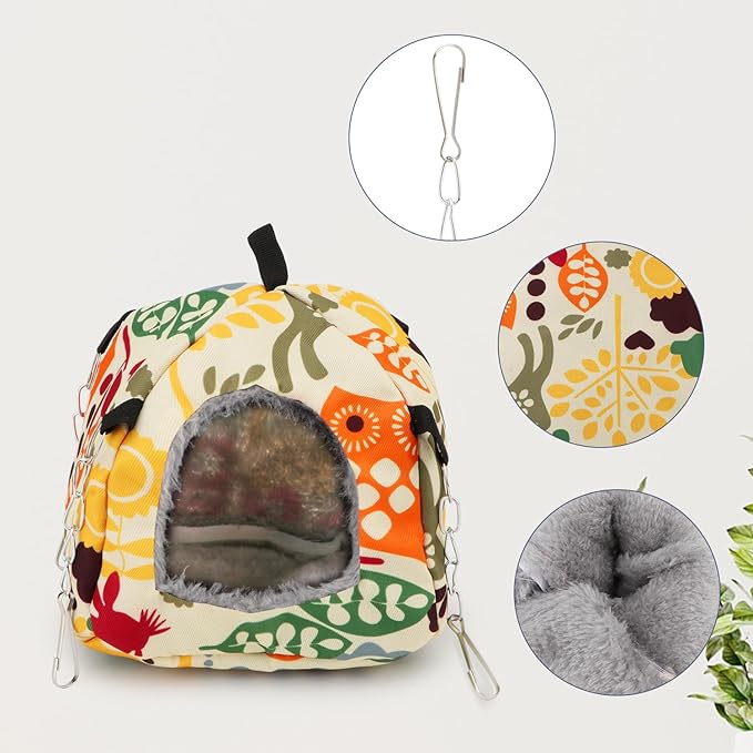 Wontee Bird Plush Hammock Parrot Hanging Snuggle Cave Happy Hut Tent for Parakeet Cockatiel Conure Lovebird Budgie Hamster Gerbil Rat Chinchilla Squirrel Cage (S, Beige Pattern)