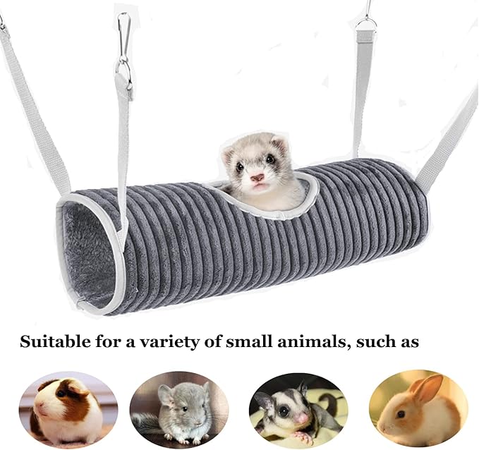 Small Animal Hammock Tunnel Bed, Warm Hamster Nest in Winter, Hanging Tunnel Hammock Toys for Guinea Pigs, Ferrets, Sugar Gliders(Grey)