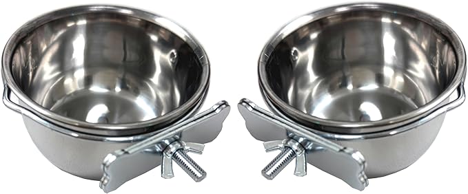 Two of 4-Inch No Rust Stainless Feeder Seed Water Food Replacement Cups with Adjustable Cage Holder for Bird Parrot Cage