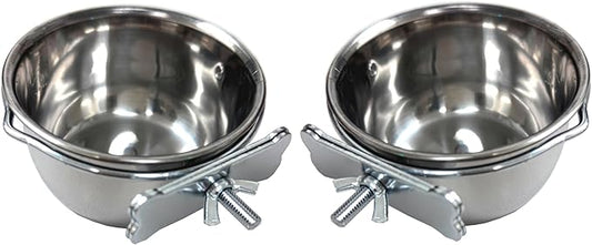 Two of 4-Inch No Rust Stainless Feeder Seed Water Food Replacement Cups with Adjustable Cage Holder for Bird Parrot Cage