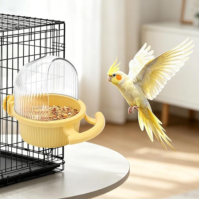 Litewoo No Mess Bird Feeder for Cage Parrot Feeder with Dispenser Multifunctional Bird Seed Food Water Bowl for Parrot Lovebird Budgie Finch Parakeet Conure Cockatiel (Yellow)