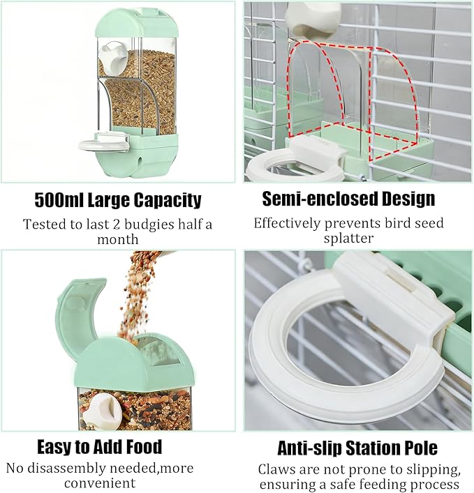 Automatic Bird Feeder Waterer Kit Bird Cage Hanging Waterer Parakeet Leak-Proof Feeder Parrot Vegetable Clips Cage Accessories for Budgies Lovebirds Finches Canaries Parrotlets Conures (Green)