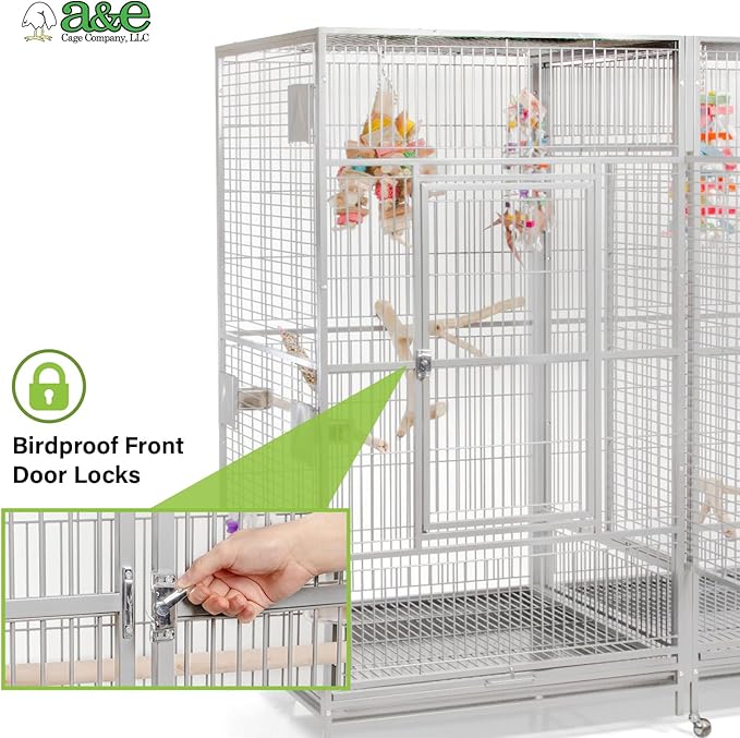 A&E Cage Co 8040FL Platinum Double Macaw Cage – 80"x40"x74" Extra Large Parrot Cage with Removable Divider, 4 Swing-Out Feeder Doors, Stainless Steel Bowls & Perches for Macaws, Cockatoos, Amazons