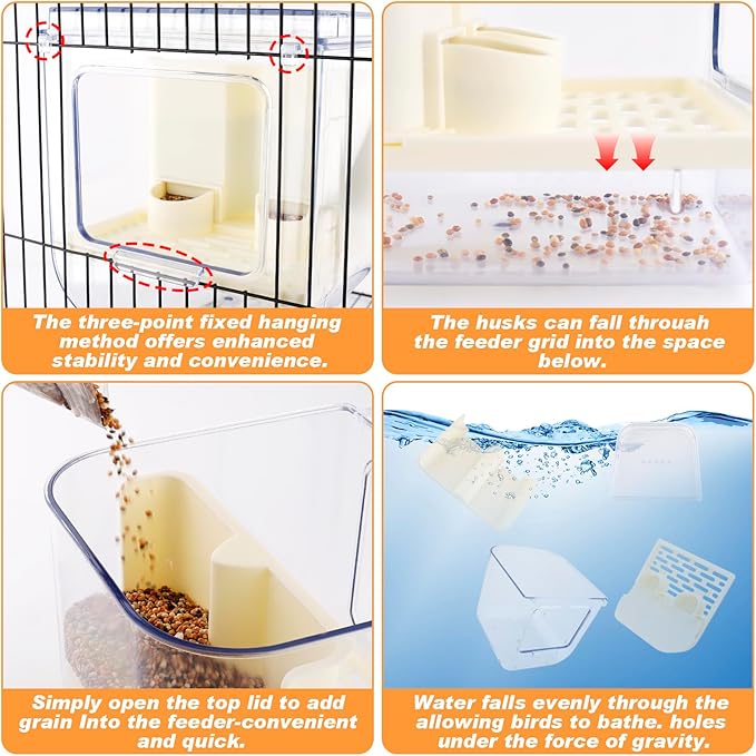 No Mess Automatic Bird Feeder with Hooks Hanging,2 in 1 Bird Bath for Cage,Multifunctional Bird Food Container Bathing Tubs,Parrot Seed Feeders Bird Cage Accessories for Budgies Lovebirds Cockatiels