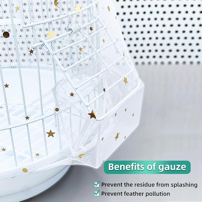 Large Bird Cage Cover, Bird Cage Seed Catcher, Adjustable Soft Airy Nylon Mesh Net, Birdcage Cover Skirt Seed Guard for Parrot Parakeet Macaw African (Star-White, 15.7" x118")