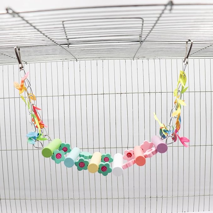 Colorful Wooden Bridge Bird Swing – Hammock-Style Swing Toy with Painted Rungs, Floral Accents & Metal Hooks for Budgies, Cockatiels & Small to Medium Birds