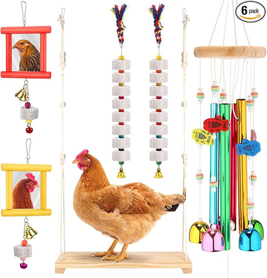 Soulchen 6 Pieces Chicken Toys for Coop Chicken Wind Chime Enrichment Toys Kits Chick Mirror with Bells Swing Hanging Chick Beak Grinding Calcium Stone for Coop Hens Chicks Poultry Birds Parrots