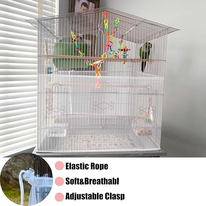 Bird Cage Seed Catcher, Large Bird Cage Cover, 75-118'' Universal Adjustable Birdcage Cover Skirt Soft Airy Nylon Mesh Net for Parakeet Macaw African Round Square Cage, White