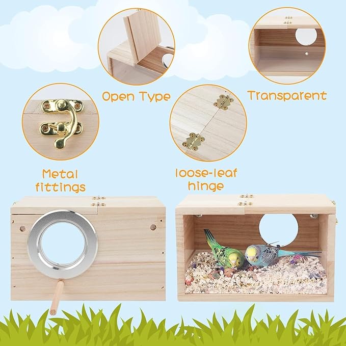Natural Wood Nesting Box for Parakeet Birds Transparent Design Breeding Box with Perch Wood Bird Cage House for Cockatiel Lovebirds Budgie Finch Parrotlets Canary (X-Large)