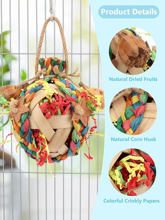 Wontee Bird Toys Colorful Shredding Crinkles Foraging Toys Natural Dried Fruits Chew for Cockatiels Conures Parakeets Budgies Senegal (2 Packs)