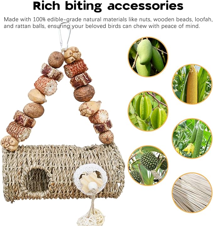 Bird Nest for Cage with Natural Chewing Toys,Hideaway Shelter Hut Parakeet Hanging Bird Tunnel Bed with Handwoven Breathable Seagrass, Small Parakeet Bed for Canary, Budgie Rest & Chew & Play(SD)