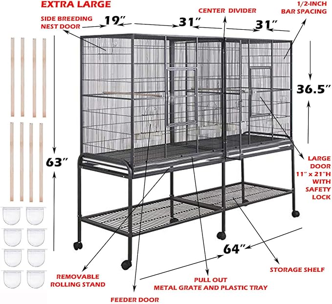 Extra Large Double Center Divider Birdhouse Treehouse Bird Flight Breeder Cage with Breeding Nest Box Doors Removable Rolling Stand (White Vein, 63" L x 19" W x 64" H)