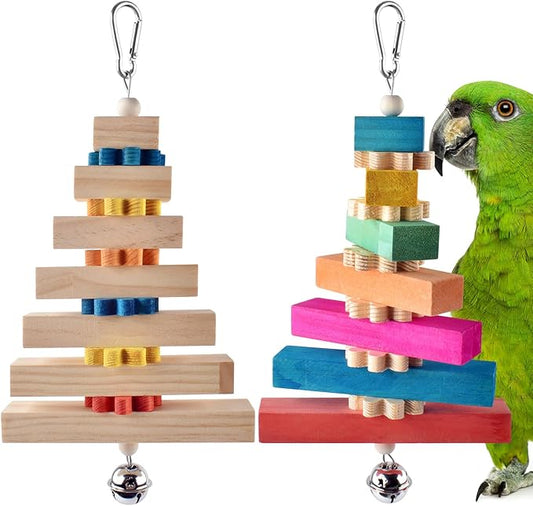 DBNESS 2 Pcs Bird Toys for Parrots, Colorful Natural Large Parrot Toy Hanging Chew Wood Block with Bell for Medium to Large Cockatiels, Eclectus, African Greys, Amazon, Cockatoo
