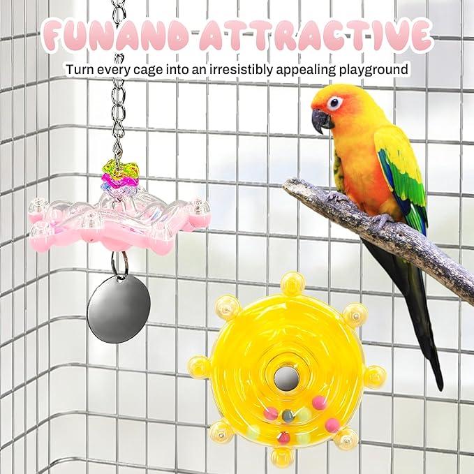 Parakeet Toys, 2 Pack Bird Toys for Parakeets - Interactive Colorful Spinner Wheel Rattle with Bell for Cockatiels, Budgies, Conures, Small Parrot Cage Chewing Exercise Enrichment Toys (Yellow & Pink)